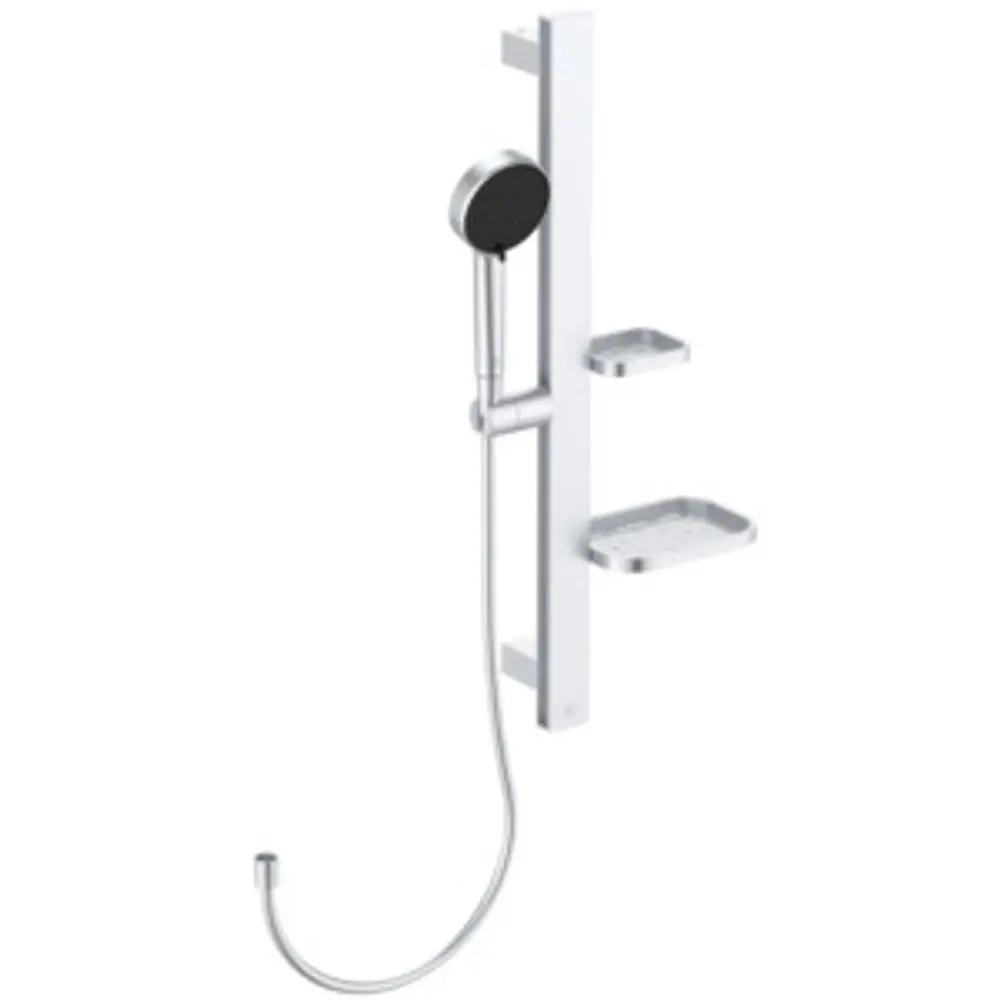 Brausekombination von Ideal Standard aus Aluminium mit Handbrause und zwei Ablagen in Silber. Design für wandmontierte Installation.